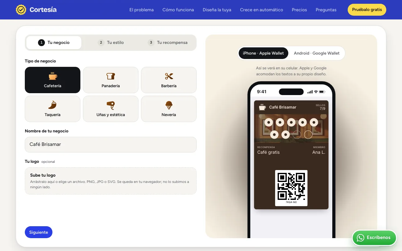Businesses design their card on the site and preview it on a phone.