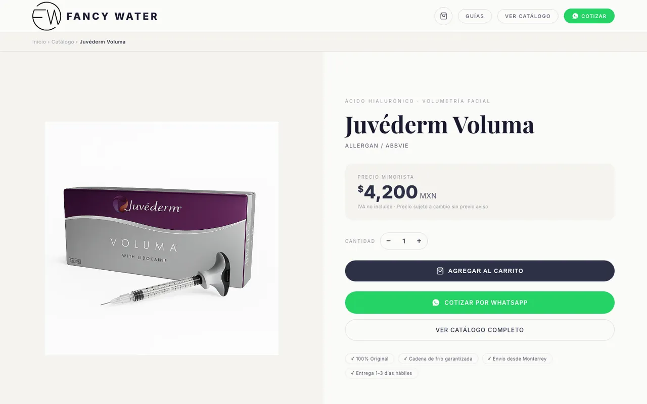 Product page: cart, WhatsApp and visible guarantees.